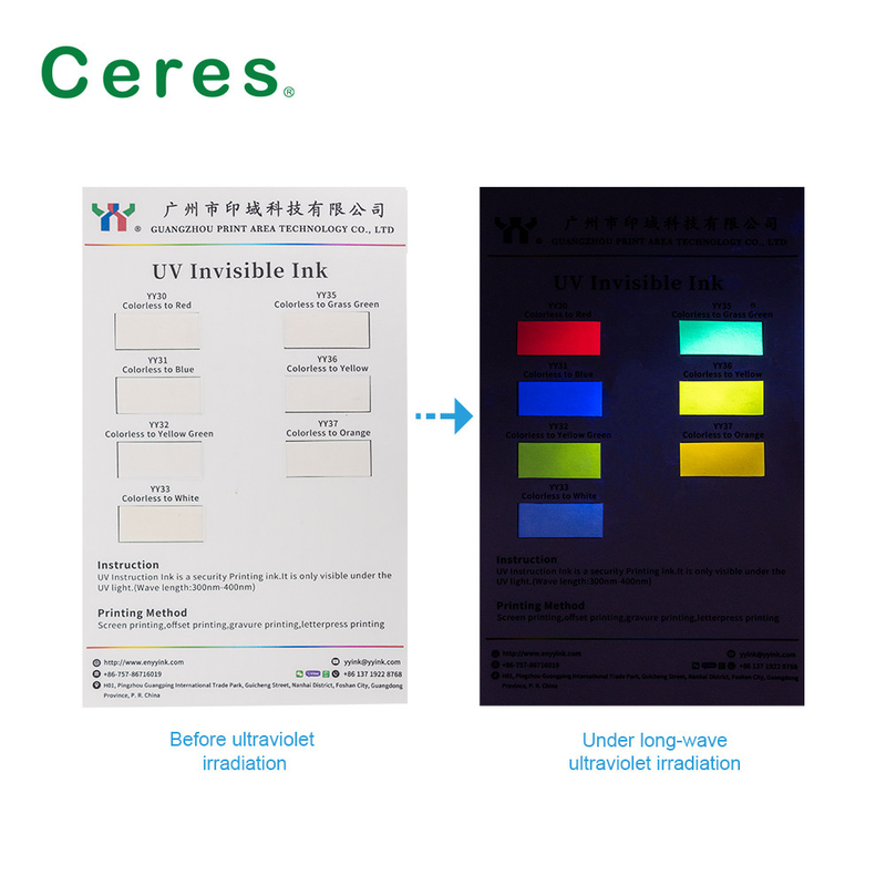 800nm Ceres UV Ink Invisible สีไร้สี ถึงสีเขียว